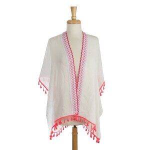 White Kimono Cardigan With Pink Trim & Tassels - One Size